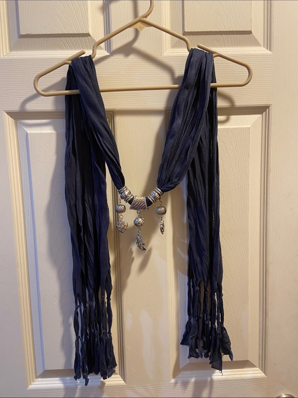 Source Unknown Navy Blue Scarf Necklace with Silver Charms